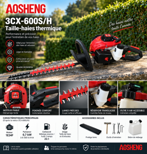 Taille haie thermique 22.5cc AOSHENG 3CX-600S – Puissance et précision