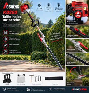 Taille haie thermique sur perche 26cc AOSHENG KD260 – Puissance et portée