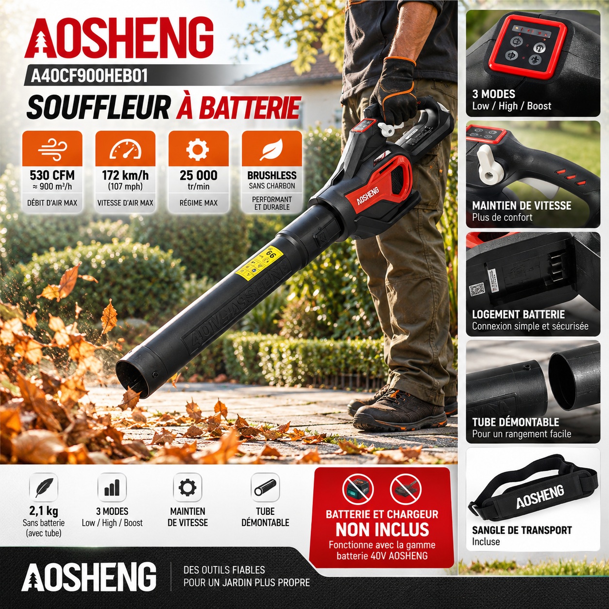 Souffleur à batterie 40V AOSHENG A40CF900HEB01 Brushless – 900 m³/h