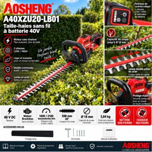 Taille-haies à batterie 40V AOSHENG A40XZU20-LB01 – Lame 508 mm